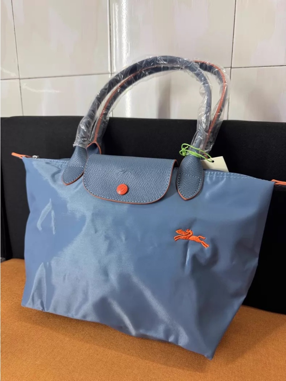 Longchamp Blue Tote with Orange Trim and Logo - Picture 4 of 6